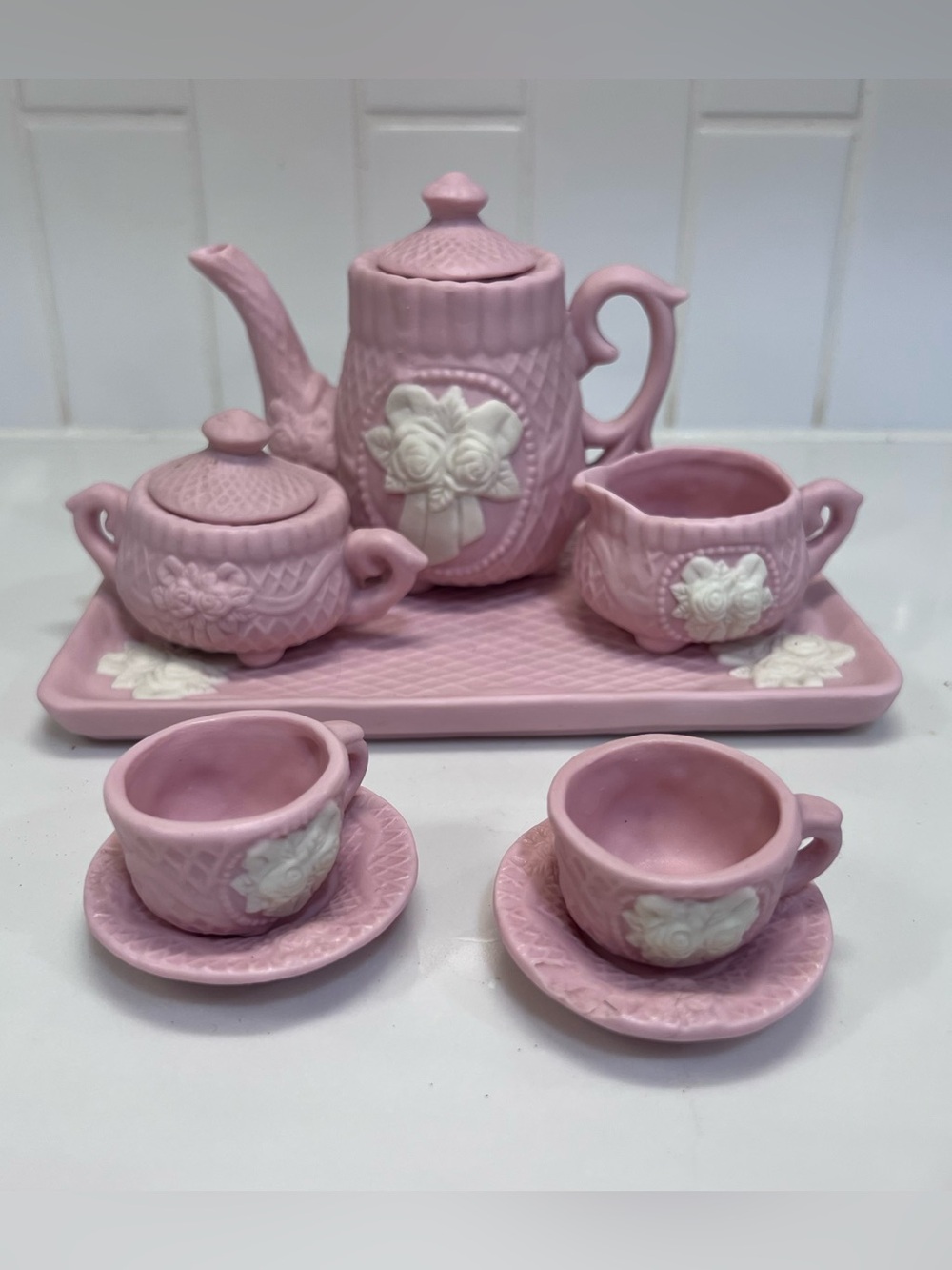 Vintage Pink White Rose Miniature Bisque Ceramic Tea Set Teapot Cups Saucer More